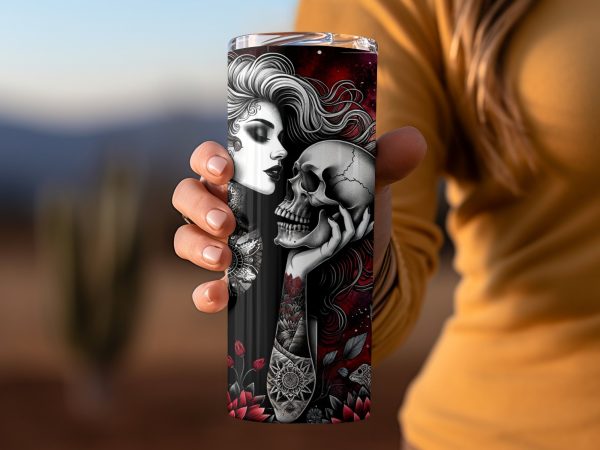 Gothic Tattooed Woman Holding Skull Artwork 20oz Skinny Tumbler Sublimation Wrap PNG - Image 2