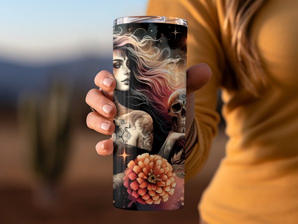 Mystical Tattooed Woman with Skull 20oz Skinny Tumbler Sublimation Wrap PNG - Image 2