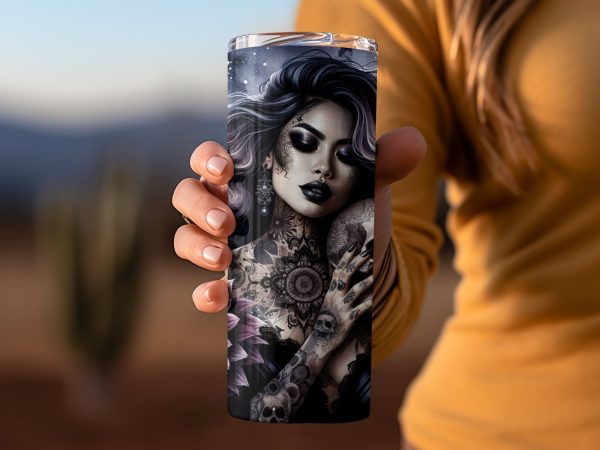 Celestial Gothic Woman Holding Skull 20oz Skinny Tumbler Sublimation Wrap PNG - Image 2