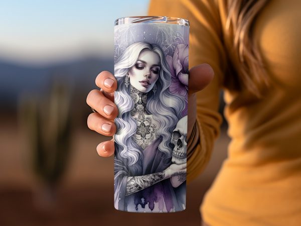 Enchanting Gothic Art Woman with Skull 20oz Skinny Tumbler Sublimation Wrap PNG - Image 2