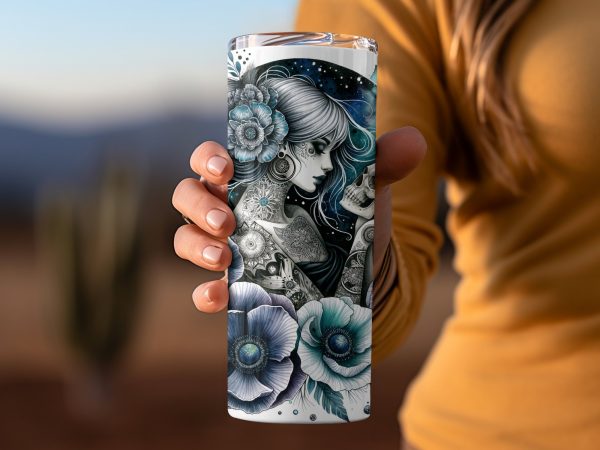 Stunning Galaxy Flowers and Woman 20oz Skinny Tumbler Sublimation Wrap PNG - Image 2