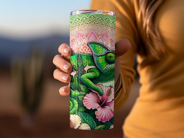 Vibrant Chameleon Floral Design 20oz Skinny Tumbler Sublimation Wrap PNG - Image 2