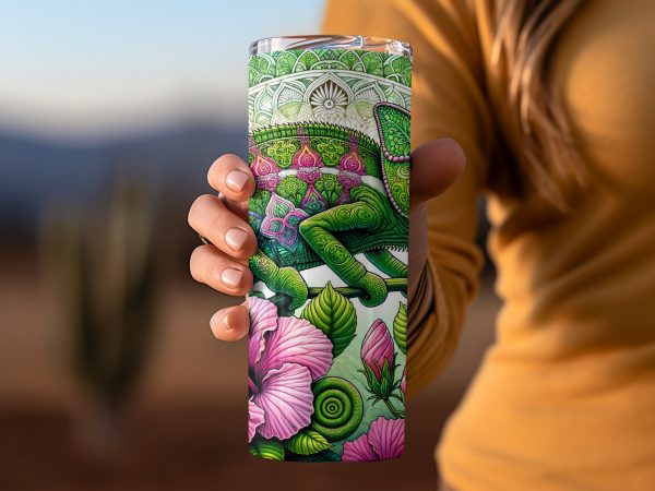 Colorful Chameleon with Flowers 20oz Skinny Tumbler Sublimation Wrap PNG - Image 2