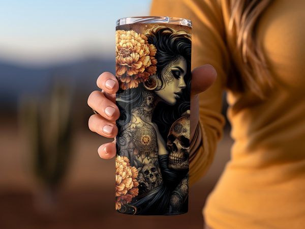 Enigmatic Lady Skull Flowers Tattoo 20oz Skinny Tumbler Sublimation Wrap PNG - Image 2