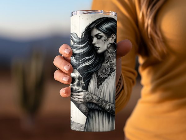 Gothic Woman Holding Skull Tattoo Art 20oz Skinny Tumbler Sublimation Wrap PNG - Image 2