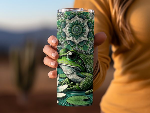 Intricate Frog and Lotus Design 20oz Skinny Tumbler Sublimation Wrap PNG - Image 2