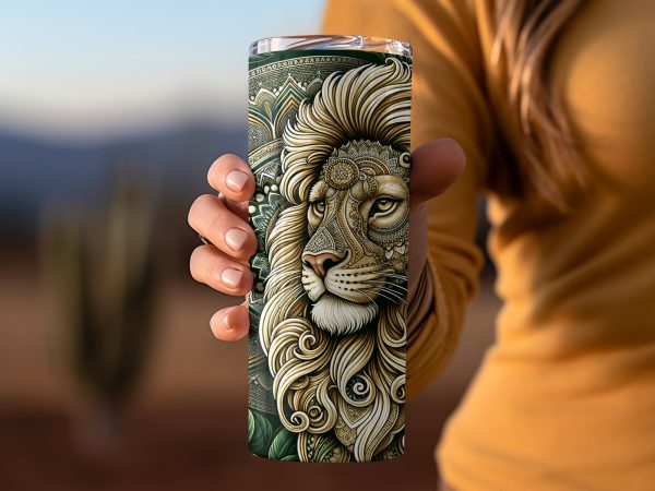 Detailed Lion and Mandala Design for 20oz Skinny Tumbler Sublimation Wrap PNG - Image 2