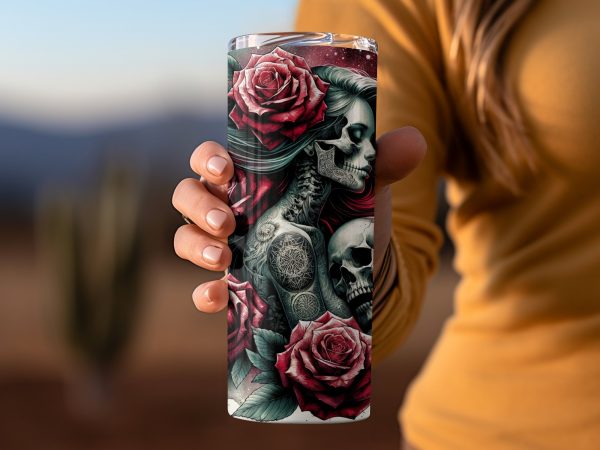 Enchanting Floral Skeleton Design for 20oz Skinny Tumbler Sublimation Wrap PNG - Image 2