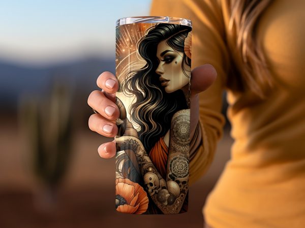 Enchanting Woman With Tattoos Skull And Flowers 20oz Skinny Tumbler Sublimation Wrap PNG - Image 2