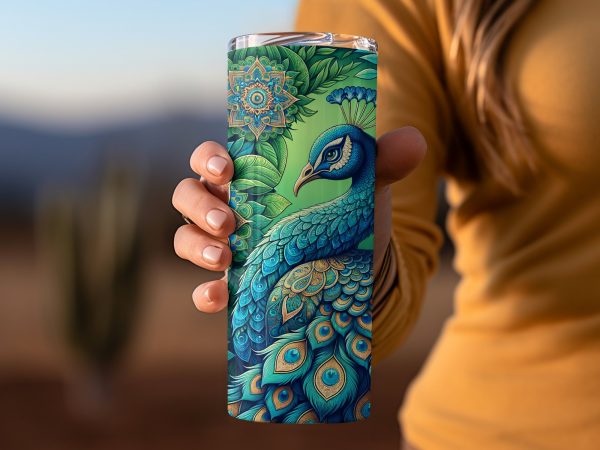 Detailed Peacock and Mandala Design 20oz Skinny Tumbler Sublimation Wrap PNG - Image 2