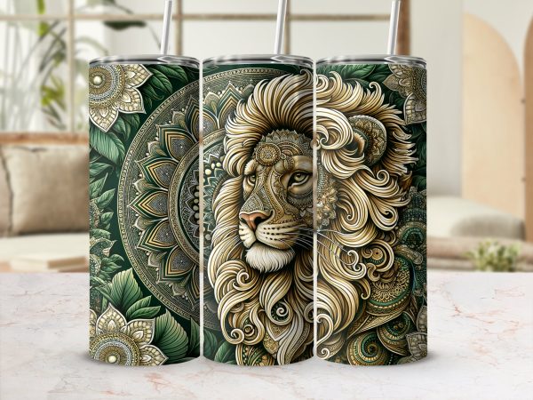 Detailed Lion and Mandala Design for 20oz Skinny Tumbler Sublimation Wrap PNG