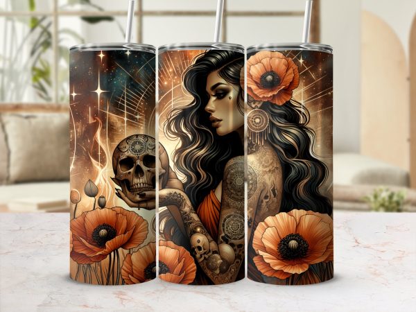 Enchanting Woman With Tattoos Skull And Flowers 20oz Skinny Tumbler Sublimation Wrap PNG