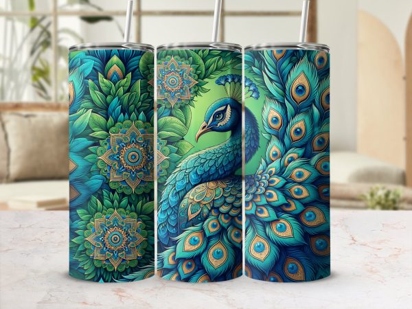 Detailed Peacock and Mandala Design 20oz Skinny Tumbler Sublimation Wrap PNG