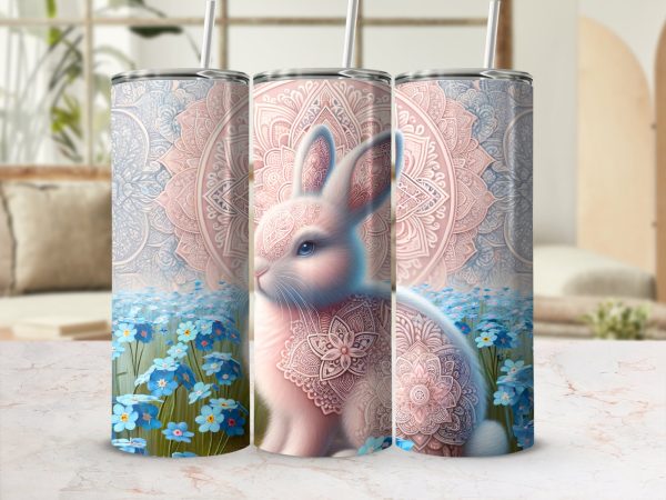 Intricate Mandala Bunny with Blooming Flowers 20oz Skinny Tumbler Sublimation Wrap PNG