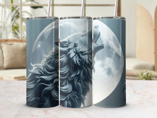 Majestic Wolf Howling at the Moon Art 20oz Skinny Tumbler Wrap Sublimation PNG