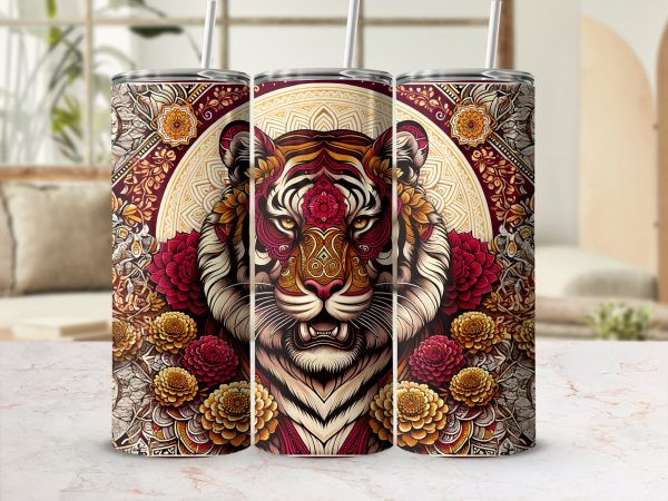 Majestic Tiger with Floral Design 20oz Skinny Tumbler Sublimation Wrap PNG