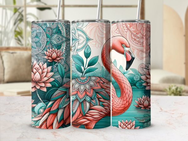 Vibrant Flamingo with Lotus Pond Patterns 20oz Skinny Tumbler Sublimation Wrap PNG