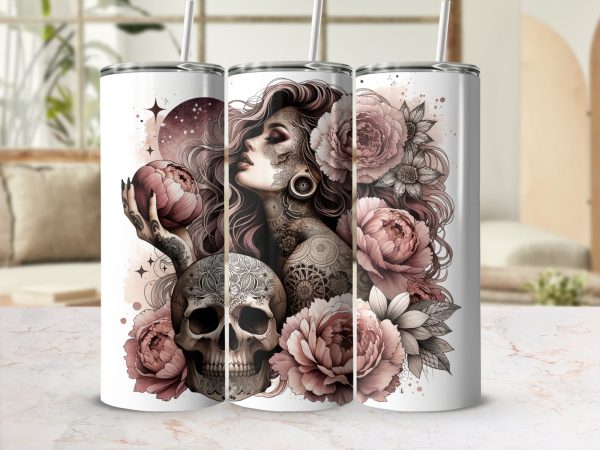 Floral and Skull Design with Tattoo Art 20oz Skinny Tumbler Sublimation Wrap PNG