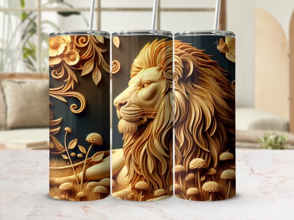 Elegant Lion Among Gold Flowers Design 20oz Skinny Tumbler Wrap Sublimation PNG