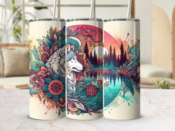 Vibrant Wolf and Nature Art 20oz Skinny Sublimation Tumbler Wrap