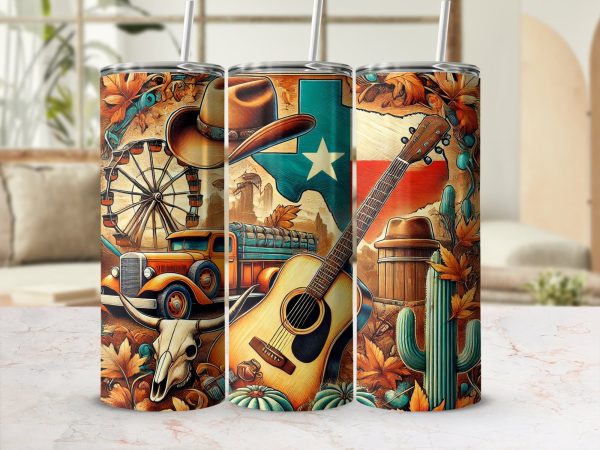 Vintage Texas Theme Guitar and Cowboy Hat 20oz Skinny Tumbler Wrap Sublimation PNG