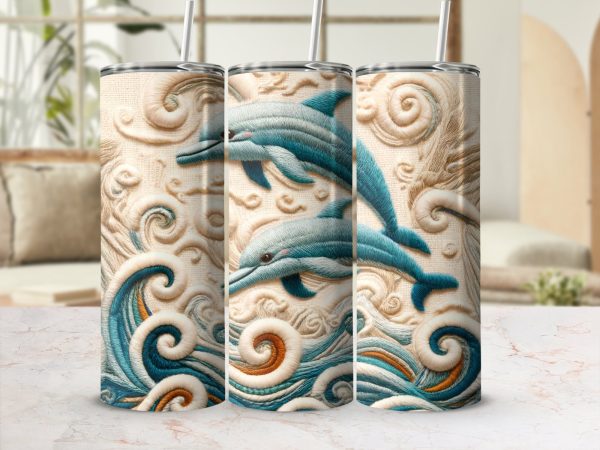 Playful Dolphins in Ocean Waves 20oz Skinny Tumbler Sublimation Wrap