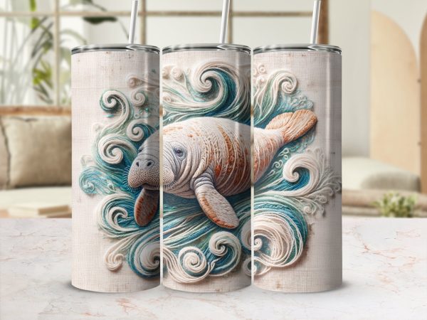 Manatee Swimming with Ocean Waves Design 20oz Skinny Tumbler Sublimation Wrap