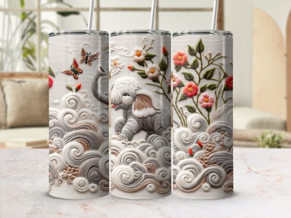 Adorable Elephant and Floral Design 20oz Skinny Tumbler Sublimation Wrap