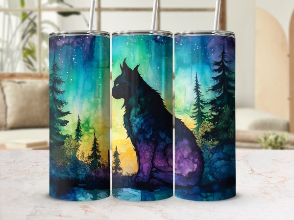 Vibrant Aurora Borealis Cat Scene 20oz Sublimation Tumbler Wrap