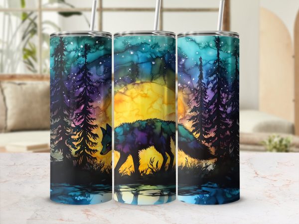 Celestial Wolf Silhouette in a Starry Night Forest 20oz Sublimation Tumbler Wrap