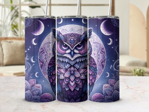 Intricate Mystical Owl and Dreamy Moon Phases 20oz Skinny Tumbler Sublimation Wrap PNG