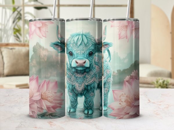 Adorable Baby Cow with Floral Details 20oz Skinny Tumbler Sublimation Wrap PNG