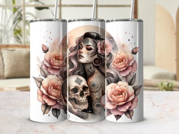 Beautiful Woman Roses Skull Design 20oz Skinny Tumbler Sublimation Wrap PNG