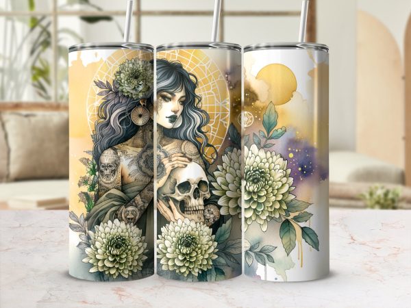 Mystical Woman with Flowers and Skull Design 20oz Skinny Tumbler Sublimation Wrap PNG