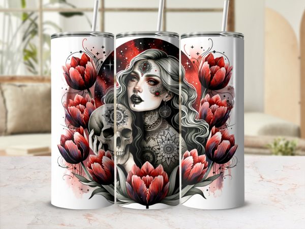 Gothic Woman Holding Skull with Red Tulips Design 20oz Skinny Tumbler Sublimation Wrap PNG