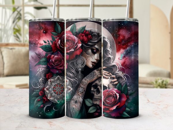 Mystical Tattooed Woman with Roses and Skull Art 20oz Skinny Tumbler Sublimation Wrap PNG