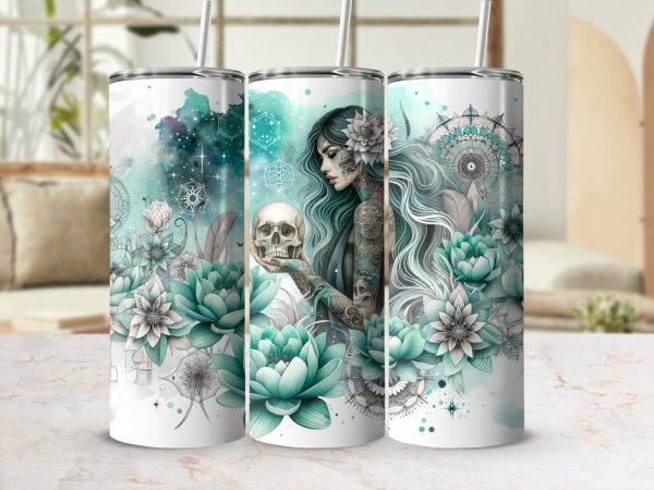 Mystic Floral Woman and Skull Design 20oz Skinny Tumbler Sublimation Wrap PNG