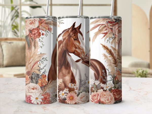 Floral Horse with Rustic Flowers 20oz Skinny Tumbler Sublimation Wrap