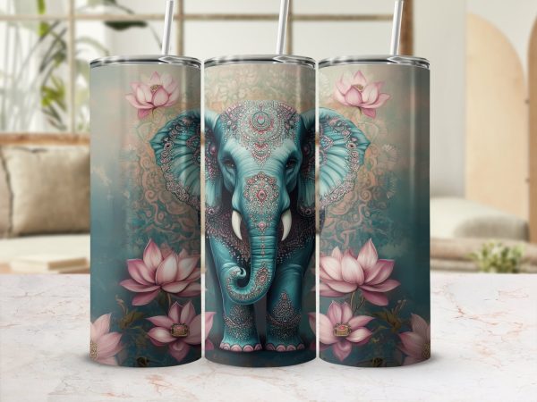 Beautiful Elephant Surrounded by Lotus Flowers 20oz Skinny Tumbler Sublimation Wrap PNG