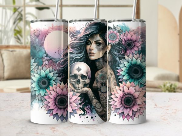 Mystical Tattooed Woman with Skulls Art 20oz Skinny Tumbler Sublimation Wrap PNG