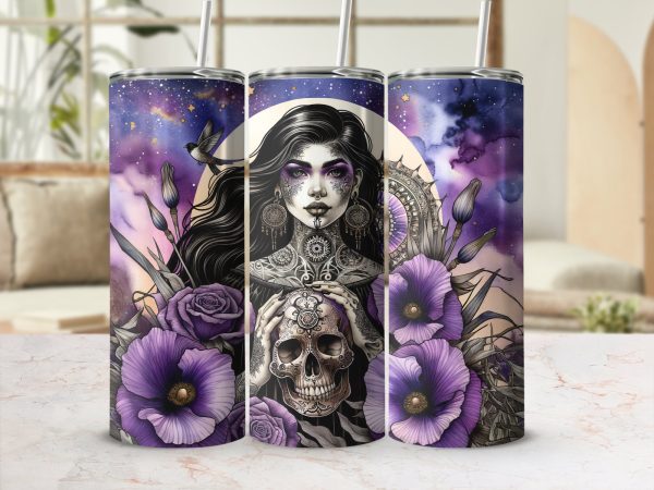 Gothic Woman and Skull with Purple Flowers 20oz Skinny Tumbler Sublimation Wrap PNG