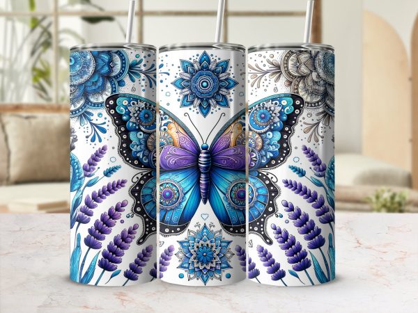 Intricate Butterfly and Floral Art 20oz Skinny Tumbler Sublimation Wrap PNG