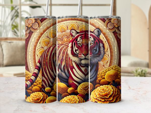 Majestic Tiger Surrounded by Flowers 20oz Skinny Tumbler Sublimation Wrap PNG