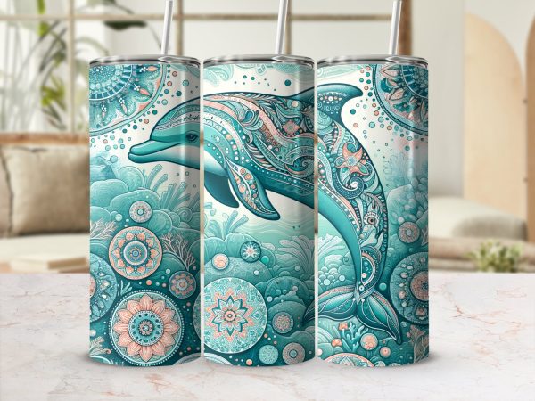 Intricate Dolphin and Mandala Ocean Art 20oz Skinny Tumbler Sublimation Wrap PNG