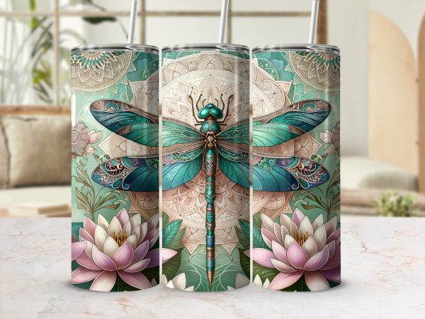 Dragonfly and Lotus Floral Design 20oz Skinny Tumbler Sublimation Wrap PNG