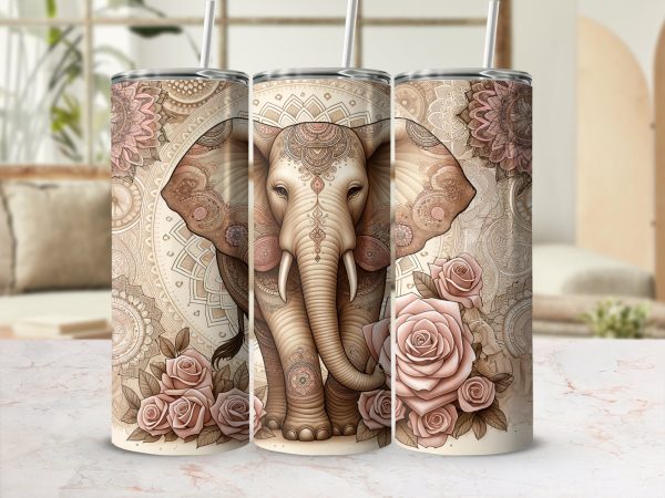 Elephant and Rose Floral Art for 20oz Skinny Tumbler Sublimation Wrap PNG