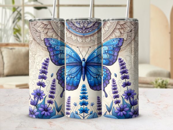 Blue Butterfly Among Blossoms Design 20oz Skinny Tumbler Sublimation Wrap PNG