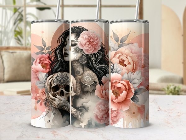 Floral Skull Tattoo Art 20oz Skinny Tumbler Sublimation Wrap PNG