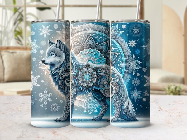 Intricate Snowflake Mandala Wolf Art 20oz Skinny Tumbler Sublimation Wrap PNG