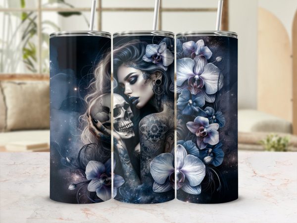 Dark Gothic Woman with Skull and Blue Orchids 20oz Skinny Tumbler Sublimation Wrap PNG